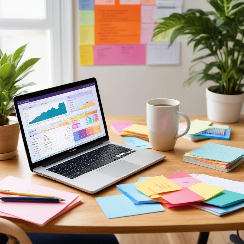 An inviting, modern workspace with a person calculating their budget on a sleek laptop, surrounded by colorful charts representing savings and debt reduction strategies. Include a cup of coffee, a potted plant for an uplifting vibe, and motivational quotes on sticky notes. The background should display bright, inspiring colors that evoke positivity and focus on financial wellness. vibrant colors. modern style. natural lighting.