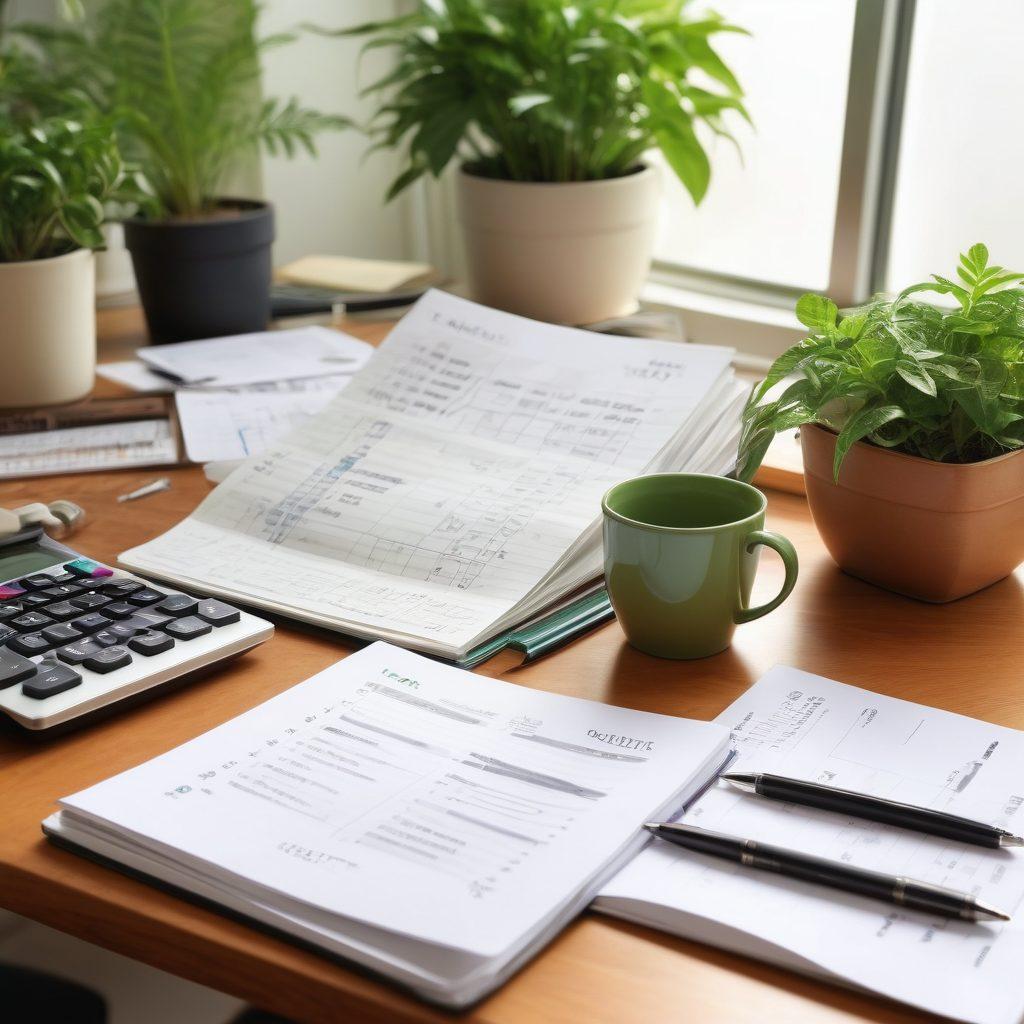 A serene desk scene with an open notebook displaying debt relief strategies, surrounded by green plants symbolizing growth and prosperity. In the background, a vision board featuring financial goals and happy families enjoying life. Papers scattered with successful investment charts and a calculator displaying positive numbers. Soft natural light illuminating the space, invoking a sense of calm and focus. super-realistic. vibrant colors. 3D.